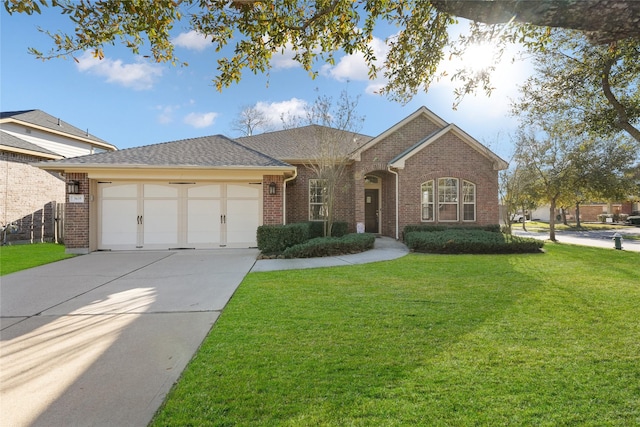 ranch-style house with a garage, concrete driveway, brick siding, and a front yard