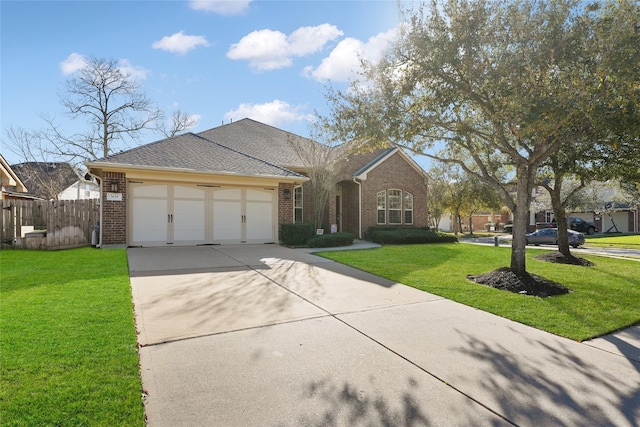 view of front of property featuring a garage, brick siding, a front yard, and fence