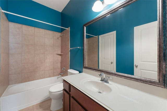 bathroom with toilet, tile patterned flooring, tub / shower combination, and vanity