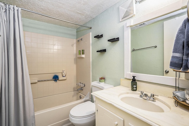 bathroom featuring shower / bath combination with curtain, visible vents, a textured wall, toilet, and a textured ceiling