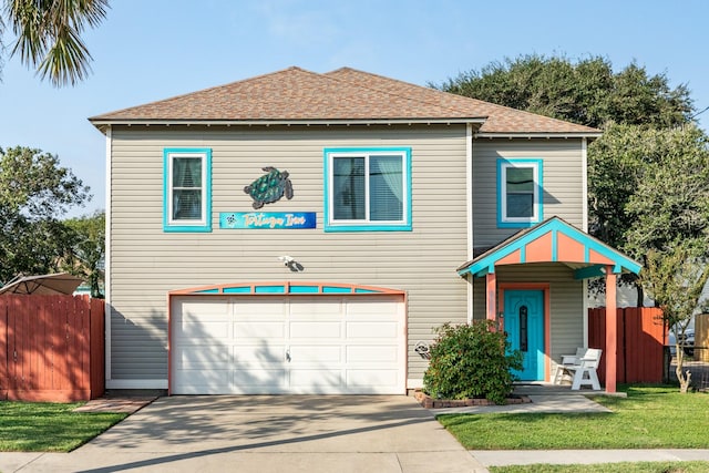 view of front facade featuring a garage, roof with shingles, fence, and driveway