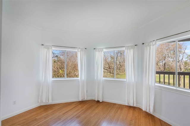 spare room featuring light wood-style floors, baseboards, and crown molding