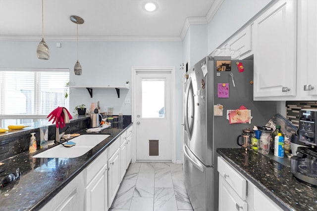 kitchen featuring a sink, white cabinetry, marble finish floor, open shelves, and crown molding