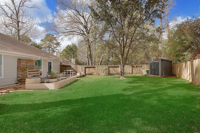 view of yard featuring a storage unit, an outbuilding, and a fenced backyard