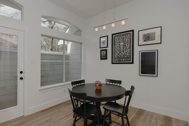 dining room with light wood-type flooring, baseboards, and a healthy amount of sunlight