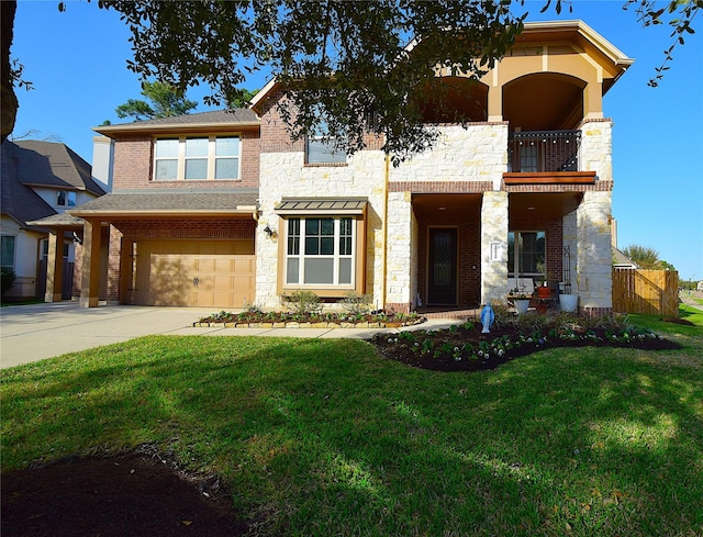 view of front of home featuring brick siding, an attached garage, a front yard, fence, and driveway