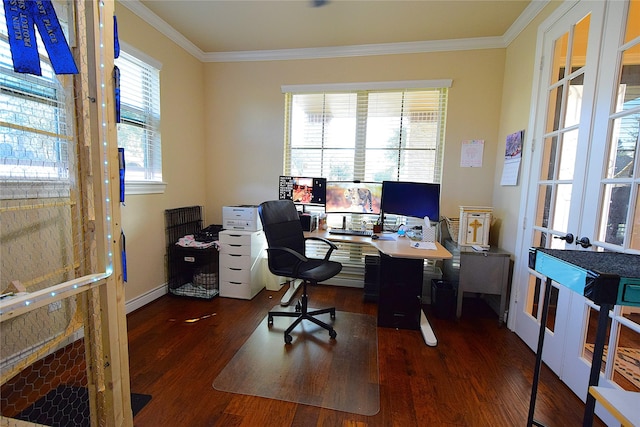 office space featuring crown molding, baseboards, and wood finished floors