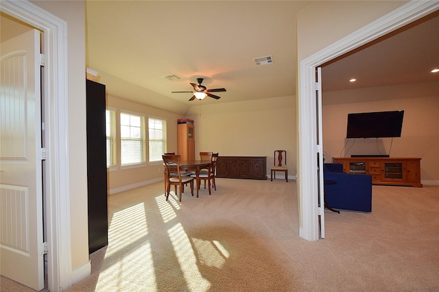 dining room featuring visible vents, baseboards, a ceiling fan, light colored carpet, and recessed lighting