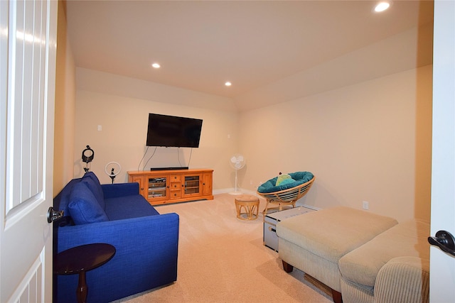 living area featuring baseboards, carpet floors, and recessed lighting