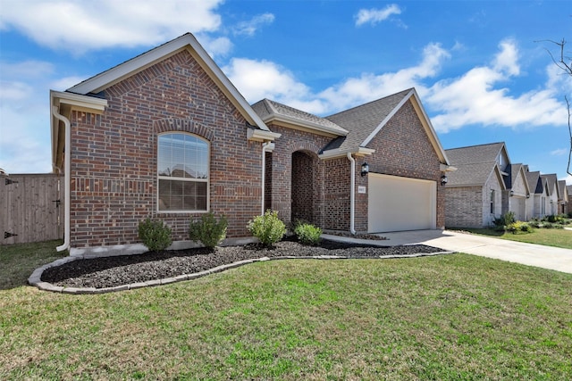 view of front of home with an attached garage, brick siding, concrete driveway, roof with shingles, and a front yard