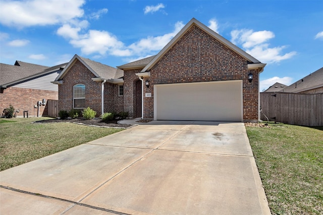 single story home featuring an attached garage, brick siding, fence, concrete driveway, and a front lawn