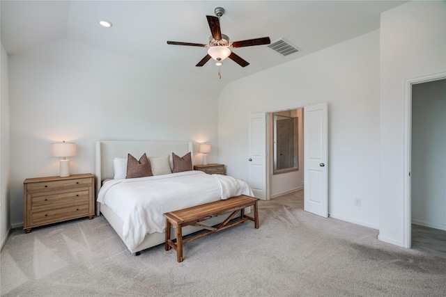 bedroom featuring recessed lighting, light colored carpet, visible vents, vaulted ceiling, and baseboards