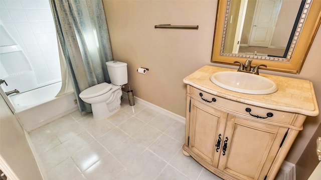 full bath featuring shower / tub combo, baseboards, toilet, tile patterned floors, and vanity