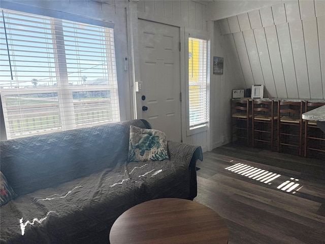 310 Angel Wing St, Surfside Beach, TX 77541 - living room featuring wooden walls, wood finished floors, and a healthy amount of sunlight