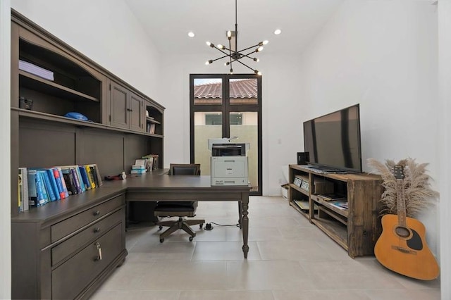 office area featuring light tile patterned floors, an inviting chandelier, and recessed lighting