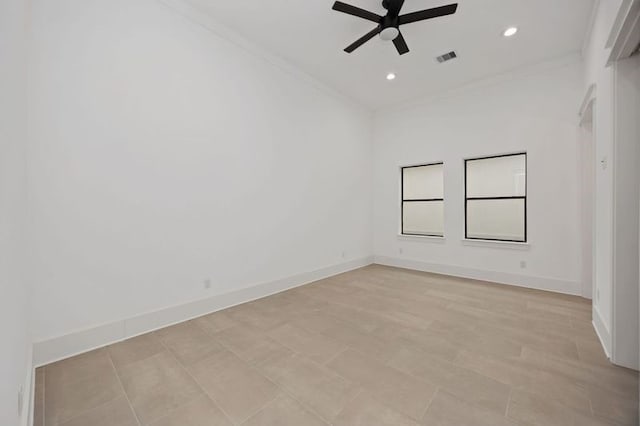 empty room with ceiling fan, ornamental molding, recessed lighting, and baseboards