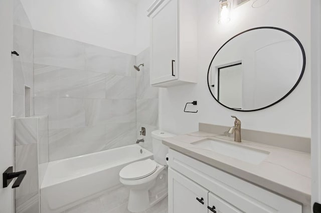 full bath with tile patterned floors, vanity, toilet, and shower / bathtub combination