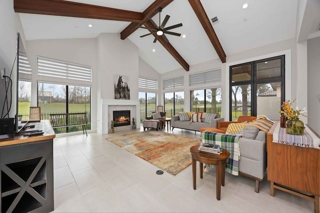 tiled living room with high vaulted ceiling, recessed lighting, visible vents, beamed ceiling, and a glass covered fireplace