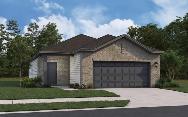 ranch-style home with a garage, a front yard, concrete driveway, and brick siding