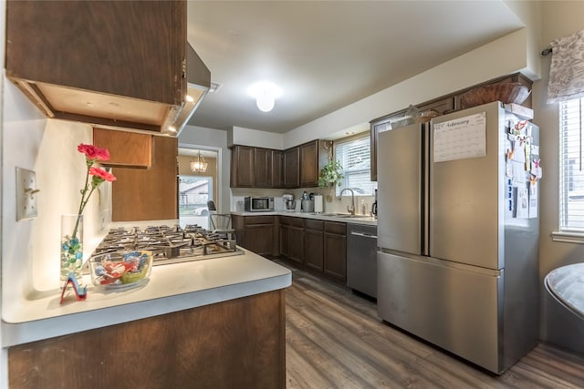 kitchen with dark wood-style flooring, light countertops, appliances with stainless steel finishes, dark brown cabinetry, and extractor fan