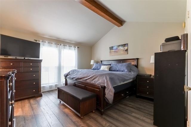 bedroom featuring vaulted ceiling with beams and dark wood finished floors