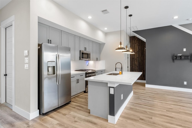 kitchen with light wood-style flooring, a sink, visible vents, appliances with stainless steel finishes, and tasteful backsplash