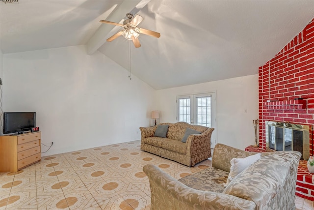 living area featuring a ceiling fan, a fireplace, vaulted ceiling with beams, and visible vents