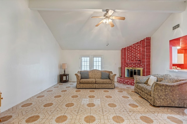 living area with high vaulted ceiling, a fireplace, visible vents, a ceiling fan, and beamed ceiling