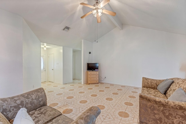 living area featuring high vaulted ceiling, beam ceiling, visible vents, and ceiling fan