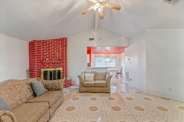 tiled living area featuring vaulted ceiling with beams, visible vents, a fireplace, and ceiling fan