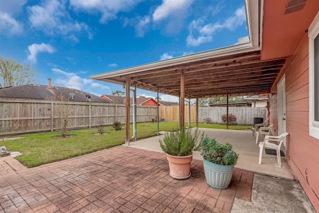 view of patio / terrace featuring a fenced backyard, visible vents, and central AC