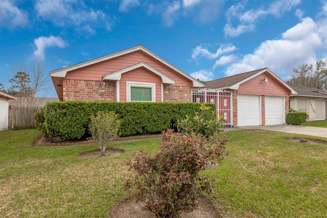 ranch-style house with a garage, brick siding, fence, concrete driveway, and a front yard