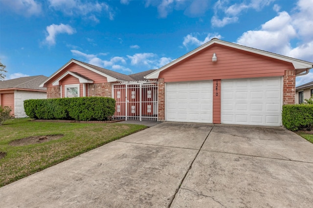 single story home featuring driveway, a garage, brick siding, fence, and a front yard