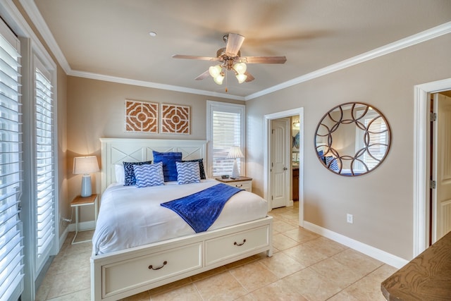 bedroom with baseboards, light tile patterned flooring, and crown molding