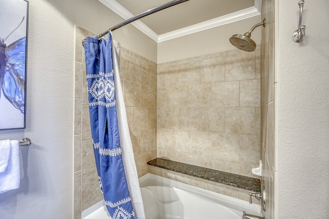 bathroom with shower / bath combo, ornamental molding, and a textured wall