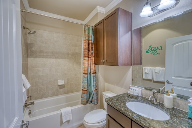 full bathroom with shower / tub combo, crown molding, vanity, and toilet