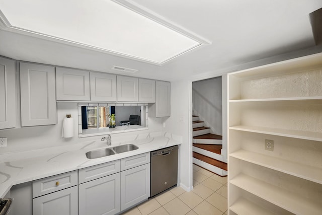 kitchen with a sink, open shelves, stainless steel dishwasher, and gray cabinets