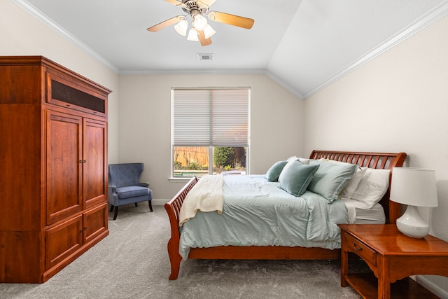 bedroom featuring visible vents, light colored carpet, crown molding, and vaulted ceiling