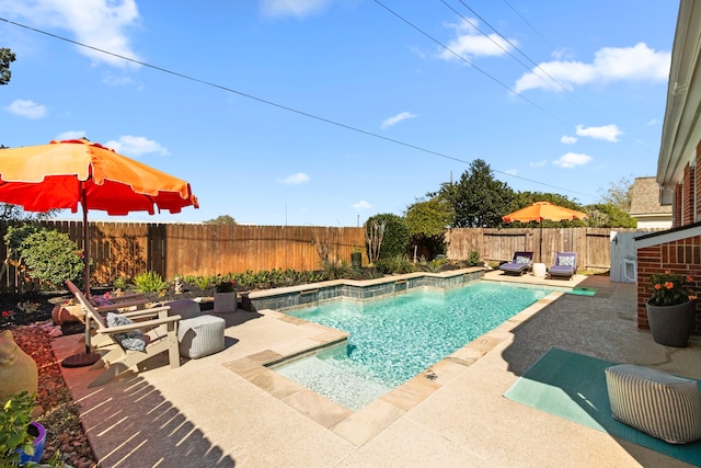 view of swimming pool featuring a fenced backyard, a fenced in pool, and a patio