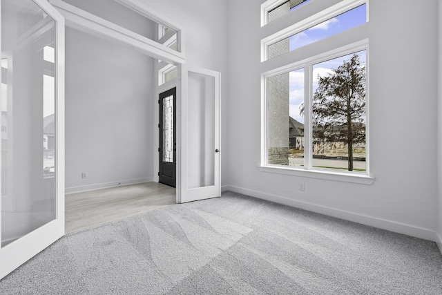 foyer entrance with carpet, a towering ceiling, and baseboards