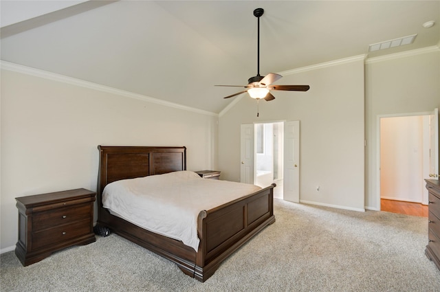 bedroom with baseboards, visible vents, and crown molding