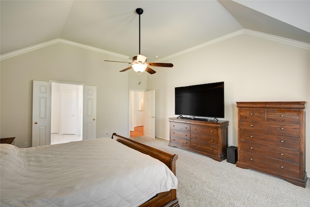 bedroom with lofted ceiling, ceiling fan, and light colored carpet