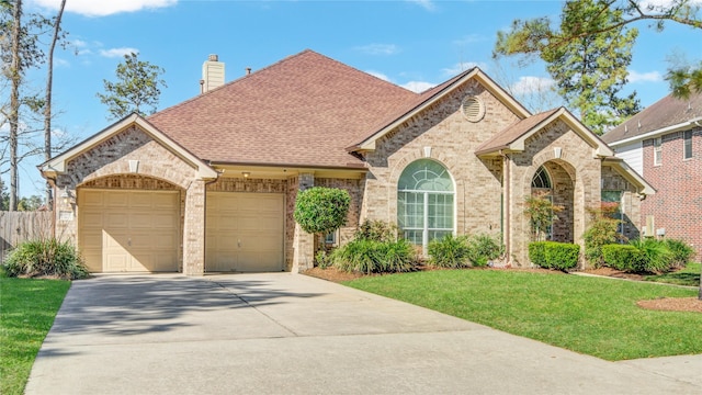 french provincial home with brick siding, roof with shingles, a chimney, concrete driveway, and a garage