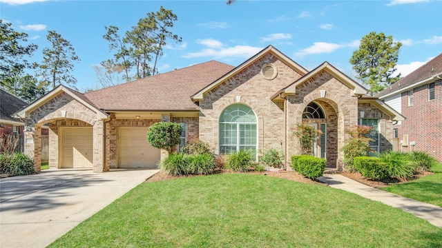 french provincial home featuring an attached garage, brick siding, a shingled roof, driveway, and a front lawn