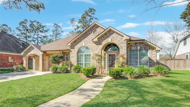 view of front facade with driveway, brick siding, roof with shingles, fence, and a front yard