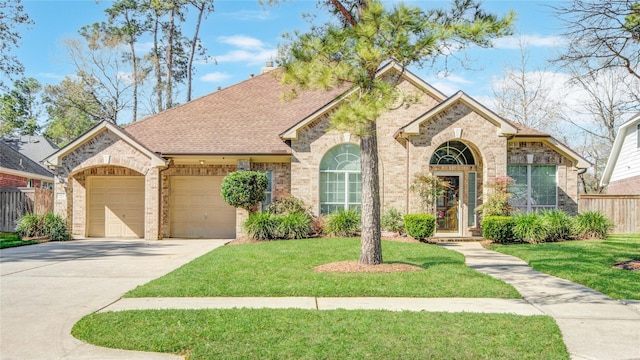 view of front of house with driveway, brick siding, a shingled roof, an attached garage, and a front yard