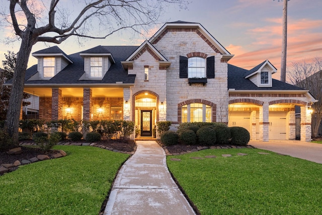 french country inspired facade featuring brick siding, a shingled roof, a front yard, stone siding, and driveway