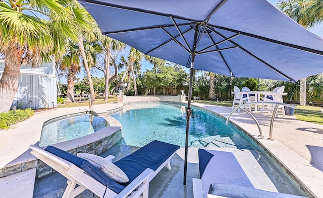 view of pool featuring a patio area, fence, and a fenced in pool