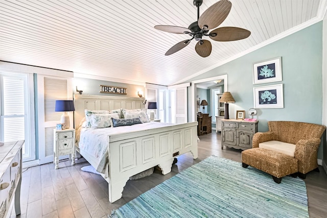 bedroom featuring lofted ceiling, ceiling fan, wooden ceiling, light wood-style flooring, and crown molding