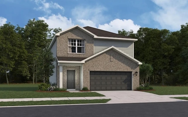 view of front of home featuring brick siding, concrete driveway, and a front yard